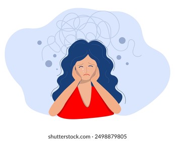 La apatía y la depresión es un concepto, la mujer que sufre de enfermedades de salud mental,
Niña rodeada de síntomas de trastorno de depresión: ansiedad, crisis, lágrimas, agotamiento, Vector de ilustración plana