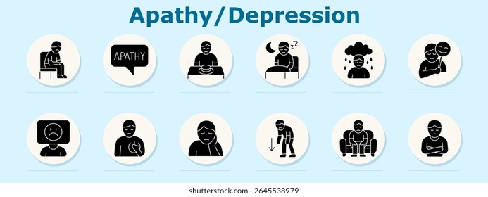 Apathy and depression set icon. Includes seated person, apathy bubble, empty plate, sleep, rainy cloud, mask, sad face, chest pain, hand on face, fatigue, sitting, arms crossed