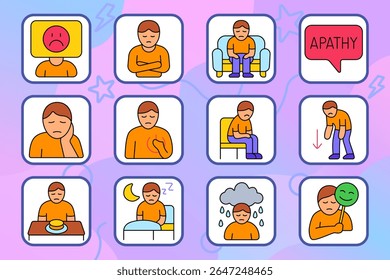 Apathy and depression set icon. Includes seated person, apathy bubble, empty plate, sleep, rainy cloud, mask, sad face, chest pain, hand on face, fatigue, sitting, arms crossed