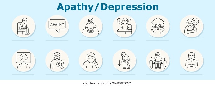 Apathy and depression set icon. Includes seated person, apathy bubble, empty plate, sleep, rainy cloud, mask, sad face, chest pain, hand on face, fatigue, sitting, arms crossed