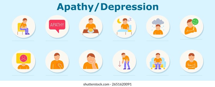 Apathy and depression set icon. Includes seated person, apathy bubble, empty plate, sleep, rainy cloud, mask, sad face, chest pain, hand on face, fatigue, sitting, arms crossed