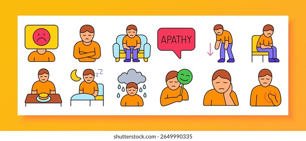 Apathy and depression set icon. Shows sad screen, crossed arms, seated slouch, apathy label, drooped walk, empty plate, moon sleep, rainy mood, false smile, chest ache, tired pose