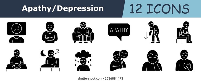 Apathy glyph set icon. Sad screen head, stomach problem, seated man, apathy speech, bent posture, chair sitting, food tray, sleep moon, cloud with rain, emotional mask, thoughtful man, chest gesture