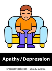 Apathy icon. Person with closed eyes sitting on sofa, symbolizing lack of energy, emotional flatness, and disconnection.