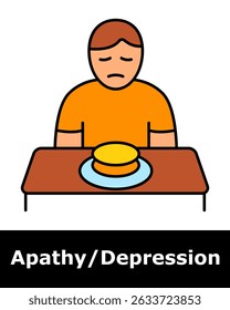 Ícone Apatia. Pessoa com comida na frente sem apetite, simbolizando desapego emocional e perda de interesse.