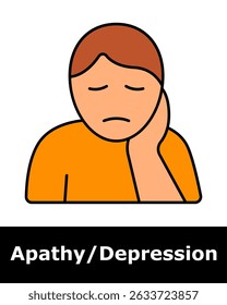 Apathy icon. Person resting head on hand with sad expression, representing fatigue, emotional detachment, and mental health issue.