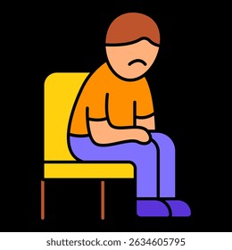 Apathy icon. Person sitting slouched on chair with sad expression represents loss of motivation, emotional detachment, or mental fatigue.