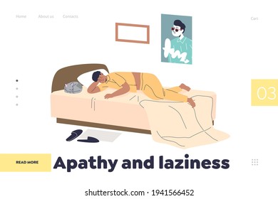 Apathy and laziness concept of landing page with man lying in bed and sleeping during all day long. Tired and exhausted male character in bedroom. Flat vector illustration