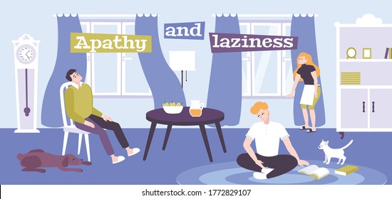 Apathy and laziness emotions flat poster with depressive people staying home vector illustration