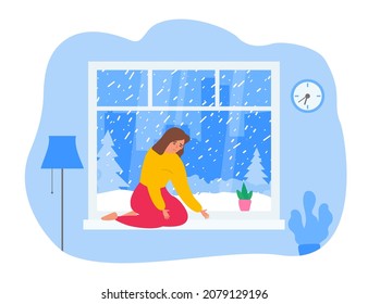 apathy mental health . sad unhappy woman sitting on window winter weather vector illustration