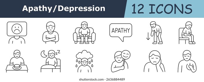 Apathy outline set icon. Square sad face, pain in stomach, sitting figure, apathy bubble, hunched man, chair, food plate, insomnia, rain cloud, mask, sleepy person, chest pain