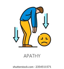 Apathy psychological disorder problem, mental health icon represents lack of interest. Vector linear sign with exhausted person symbolizes emotional detachment and indifference towards various matters