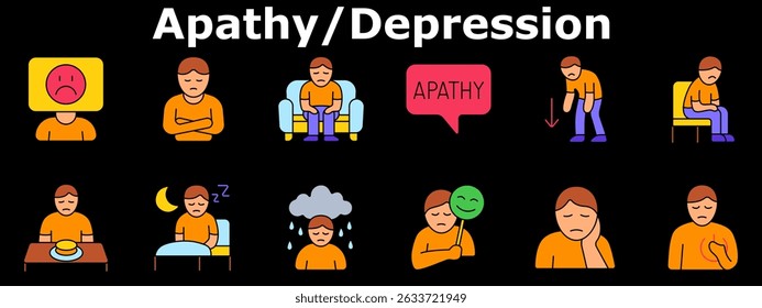 Apatia define ícone. Adormecimento emocional, desinteresse, falta de fala, fadiga, desapego, tristeza, sorriso falso, insônia, solidão, baixa energia, desespero, baixo apetite. Ícones multicoloridos