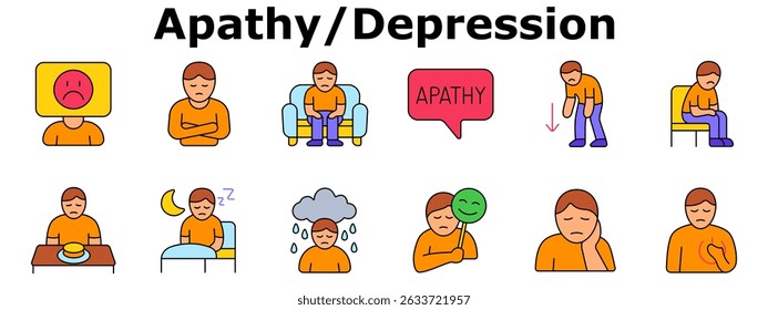 Apatia define ícone. Adormecimento emocional, desinteresse, falta de fala, fadiga, desapego, tristeza, sorriso falso, insônia, solidão, baixa energia, desespero, baixo apetite. Ícones multicoloridos