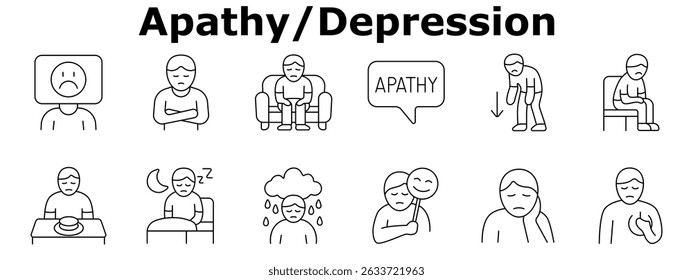 Apatia define ícone. Adormecimento emocional, desinteresse, falta de fala, fadiga, desapego, tristeza, sorriso falso, insônia, solidão, baixa energia, desespero, baixo apetite.