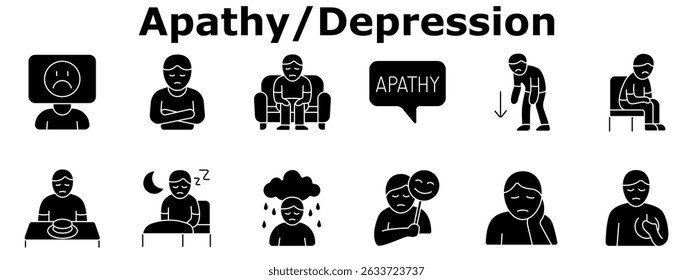 Apatia define ícone. Adormecimento emocional, desinteresse, falta de fala, fadiga, desapego, tristeza, sorriso falso, insônia, solidão, baixa energia, desespero, baixo apetite.