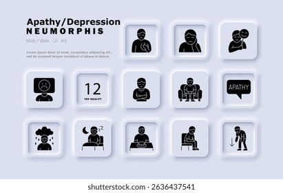 Apathy set icon. Sad face, no emotion, empty speech, sleeping, cloud with rain, eating disorder, social withdrawal, inactive pose, hopeless gesture, night loneliness.