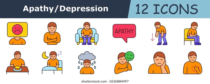Apathy set icon. Sad face, stomach pain, sitting person, apathy speech bubble, slouching man, seated figure, food refusal, sleep trouble, crying man, emotional mask, bored man, hand on chest
