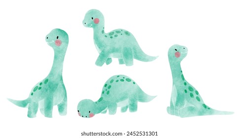 Apatosaurus. Lindos personajes de dibujos animados de dinosaurios . Diseño de pintura de acuarela . Set 5 de 20. Vector.