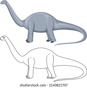 Apatosaurus dinosaur with its doodle outline on white background illustration