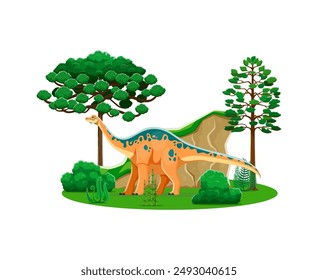 Apatosaurus, prehistoric dinosaur character. Isolated cartoon vector colorful dino animal reptile with long neck and tail, standing in a lush forest landscape with vibrant trees, bushes and rocks