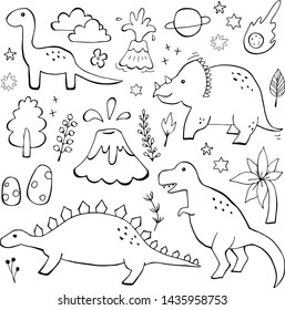 Apatosaurus triceraptor angry tyrannosaurus rex with open huge mouth, sketch. Hand-drawn carnivorous dinosaur set. Animal vector illustration