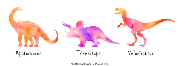 Apatosaurus, Triceratops, Velociraptor dinosaurs . Colorful silhouette watercolor painting style . Set 3 of 5 . Illustration .