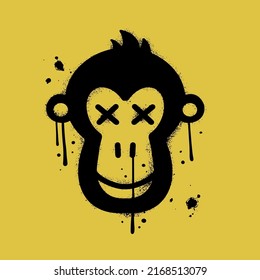 Ape with bored face in Urban street graffity style. Monkey NFT artwork. Crypto graphic asset. Vector textured illustration. Black icon is isolated on yellow background.
