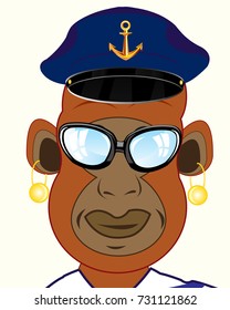Ape captain bespectacled and service cap on white background
