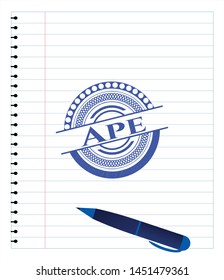 Ape emblem draw with pen effect. Blue ink. Vector Illustration. Detailed.