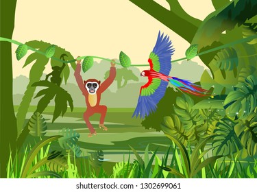  Ape hanging on tree branch parrot flying exotic animals and birds jungle backgound vector jungle illustration