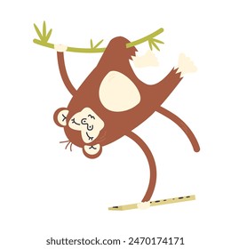Ape having fun hanging on tree. Monkey baby holding musical instrument. Little champ handing on vine and keeping flute. Personage design. Nursery animal character hand drawn flat vector illustration