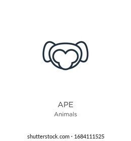 Ape icon. Thin linear ape outline icon isolated on white background from animals collection. Line vector sign, symbol for web and mobile