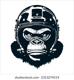 Ape with a sharp face and gaze wearing a head guard