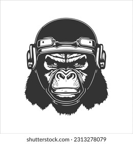 Ape symbol with a motorcycle helmet. Monkey head silhouette with motorized concept