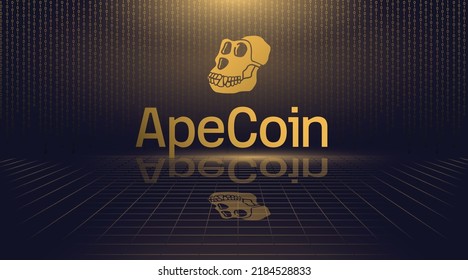 Apecoin (APE) block chain based crypto currency symbol and logo on futuristic digital background.  Decentralized money technology illustration.  svg