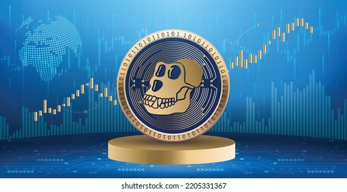 Apecoin APE crypto currency coin logo and symbol over financial infographic background. Futuristic technology vector illustration banner and wallpaper  svg
