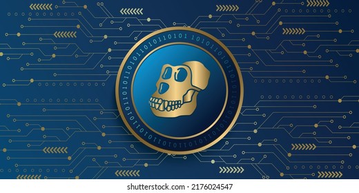 Apecoin (APE) crypto currency metallic coin vector illustration. Blockchain based virtual money concept futuristic banner, background and wallpaper design. svg