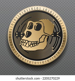 Apecoin (APE) cryptocurrency golden coin isolated in transparent background. Virtual currency token symbol vector illustration based on cryptography and block chain technology. svg