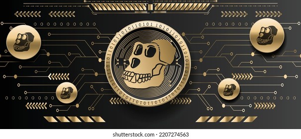 Apecoin APE cryptocurrency golden coin on futuristic technology background vector illustration banner and wallpaper template  svg
