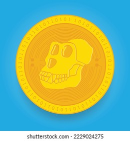 Apecoin APE golden coin isolated on blue background. Cryptocurrency vector illustration eps 10 template. svg