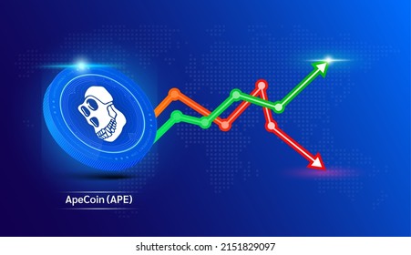Apecoin coin blue. Cryptocurrency token symbol with stock market investment trading graph green and red. Coin icon on dark  background. Economic trends business concept. 3D Vector illustration. svg