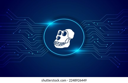 ApeCoin crypto currency with circuit line vector background . ApeCoin  Crypto currency vector illustration on blue  background svg