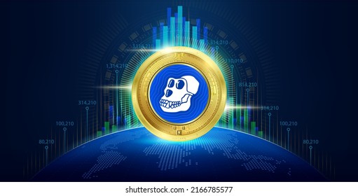 ApeCoin cryptocurrency with growth chart. Token crypto currency digital in blockchain stock market. Financial investment crypto trend trading concept. Banner for news on world map. Vector. svg