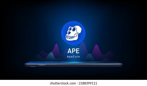 ApeCoin icon crypto currency token symbol come out from smartphone with growth chart. Trading cryptocurrency on application. Financial investment. Banner for website or news. Vector EPS10. svg