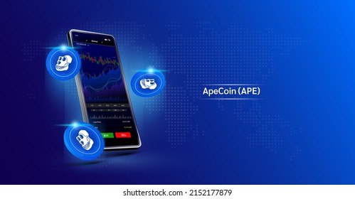 Apecoin and Phone. App for trading crypto currency on the touch screen smartphone. Data analytics stock market. Trends and financial strategy. Mobile banking cryptocurrency. Vector 3d.  svg