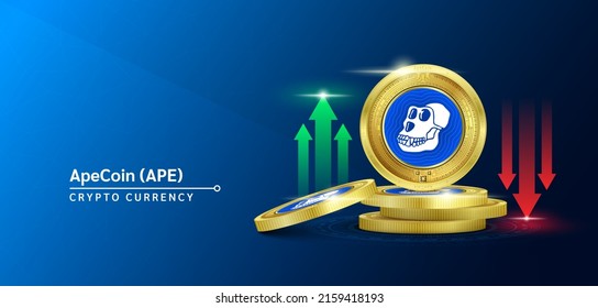 Apecoin token cryptocurrency banner. Future currency on blockchain stock market with red-green arrows up and down. Gold coins crypto currencies. Banner for news on a solid background. 3D Vector. svg