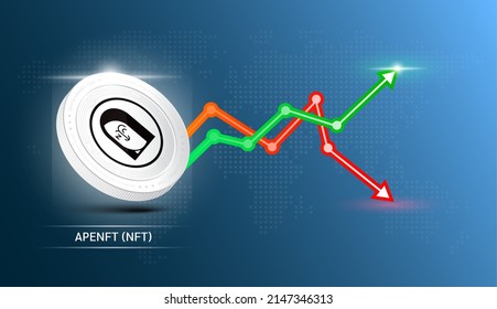 APENFT coin white. Cryptocurrency token symbol with stock market investment trading graph green and red. Coin icon on dark  background. Economic trends business concept. 3D Vector illustration.
