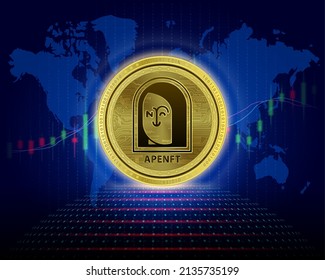Moneda de APENFT (NFT). Ilustración vectorial 3D. Cryptocurrency blockchain (divisa criptográfica) Futura tecnología de reemplazo digital. El gráfico plateado de crecimiento virtual de la moneda es un antecedente.
