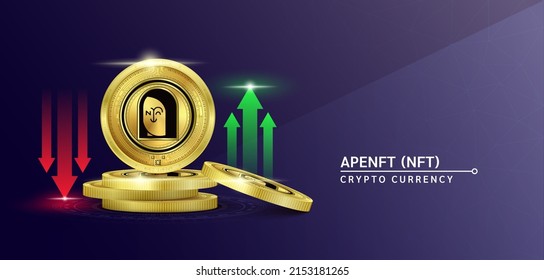 Banner de criptodivisa de token APENFT. Futura moneda en el mercado bursátil de blockchain con flechas rojas-verdes arriba y abajo. Monedas de oro cripto monedas. Cartel de noticias de fondo morado. Vector 3D.